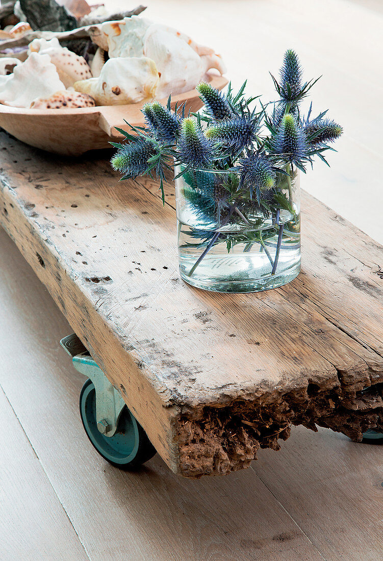 Decorative and functional coffee table made from wooden plank with castors