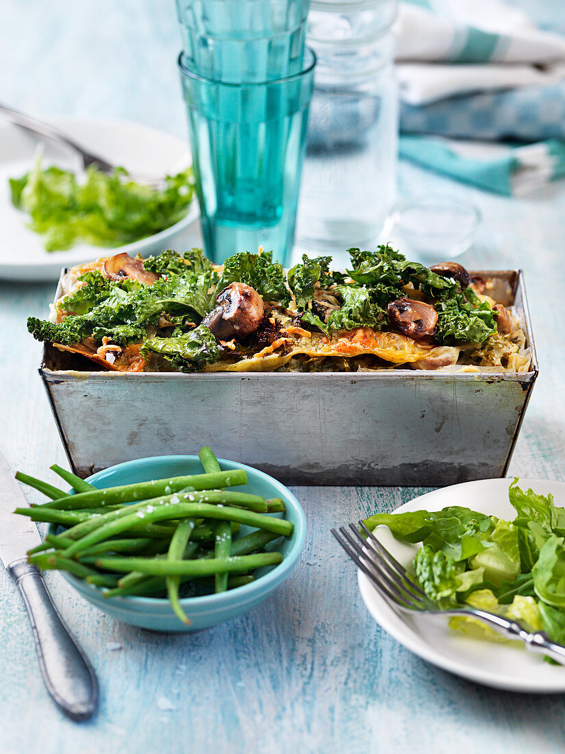 Vegeterian lasagna with kale and mushrooms