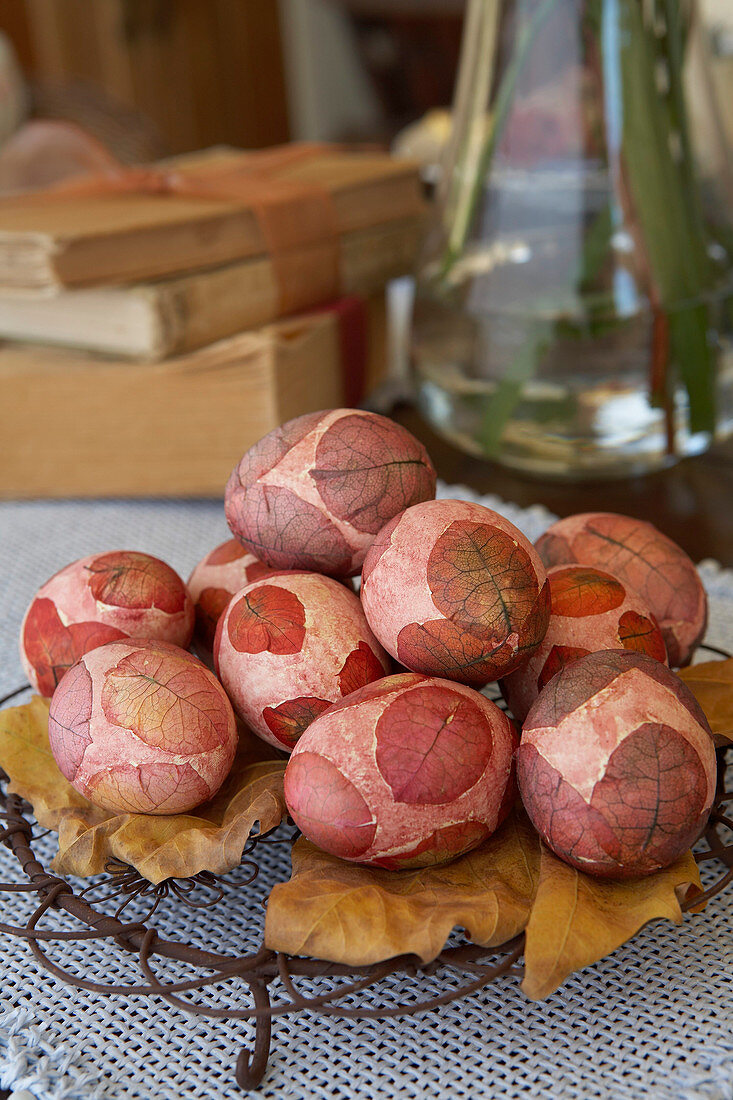 Easter eggs dyed using coffee and decorated using decoupage technique