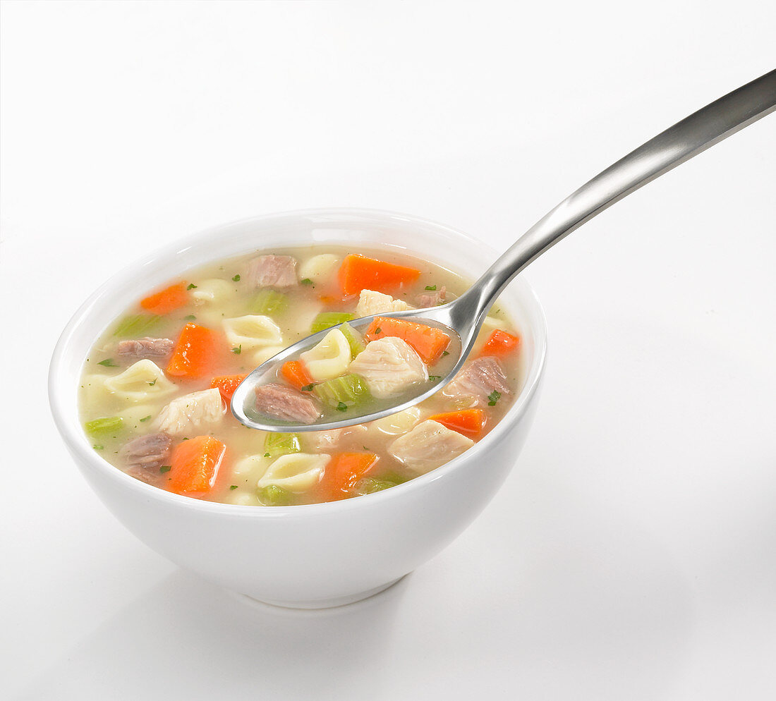 Chicken vegetable soup with small shell pasta.