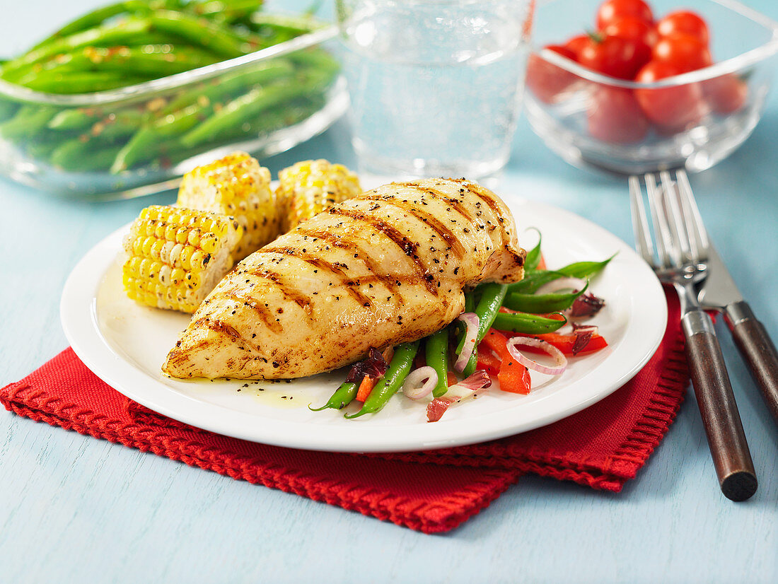 Grilled Boneless Skinless Chicken Breasts with green beans and corn