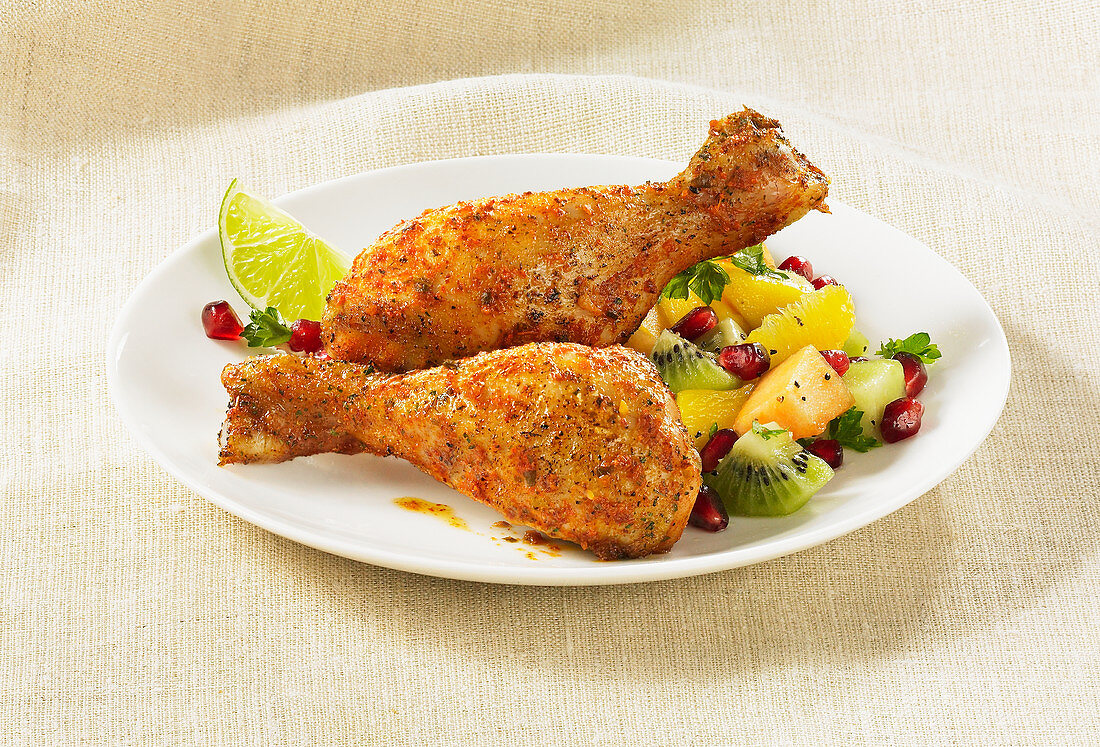 Roasted cajun seasoned drumstick fruit salad