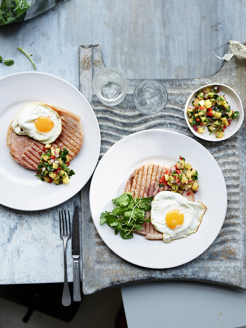 Gammon with egg and pineapple chilli salsa