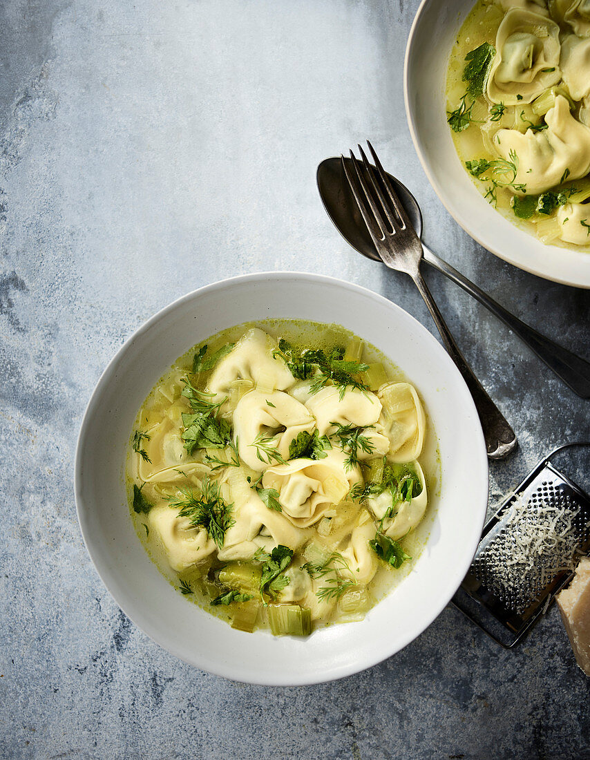 Tortellini in a leek and herb broth