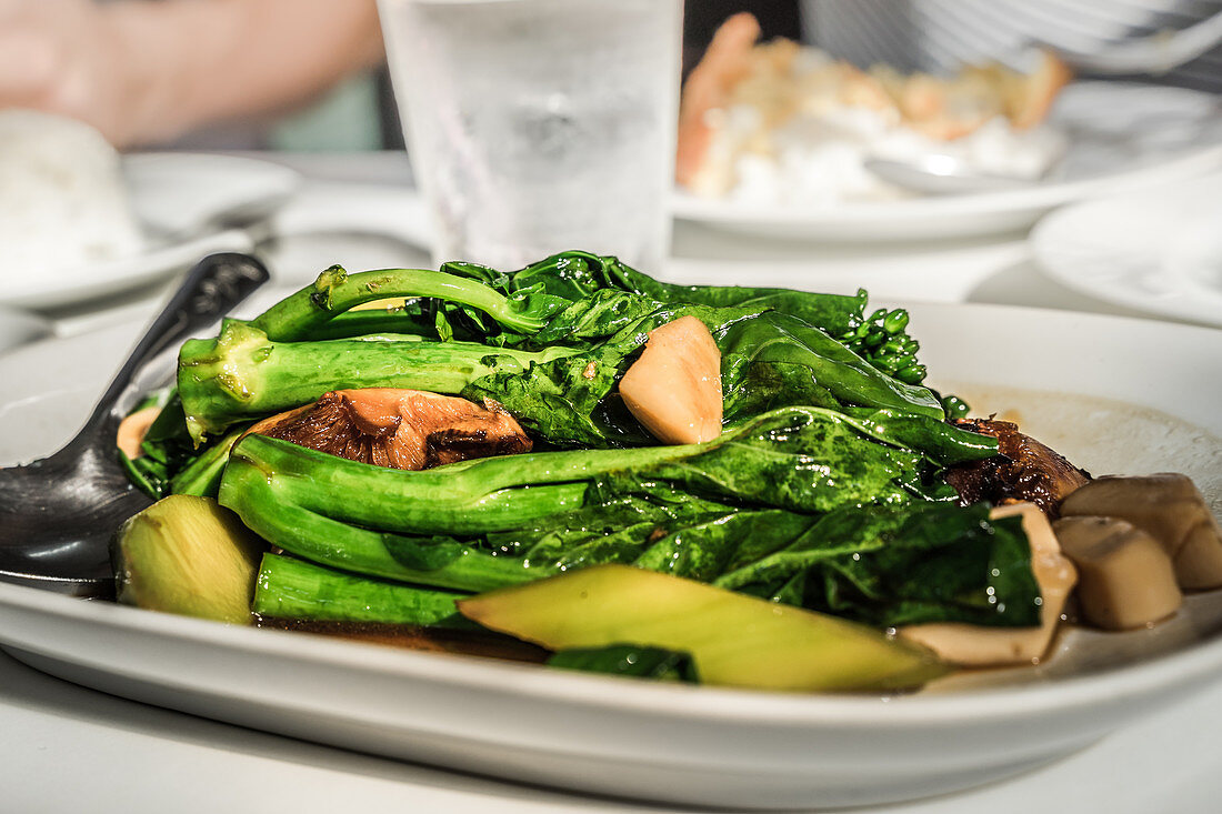 Japanese abalones in oyster sauce with roasted broccoli