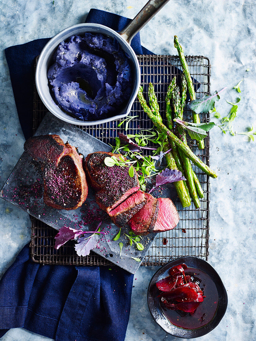 Steak with Purple Mash and Vincotto Beetroot compote