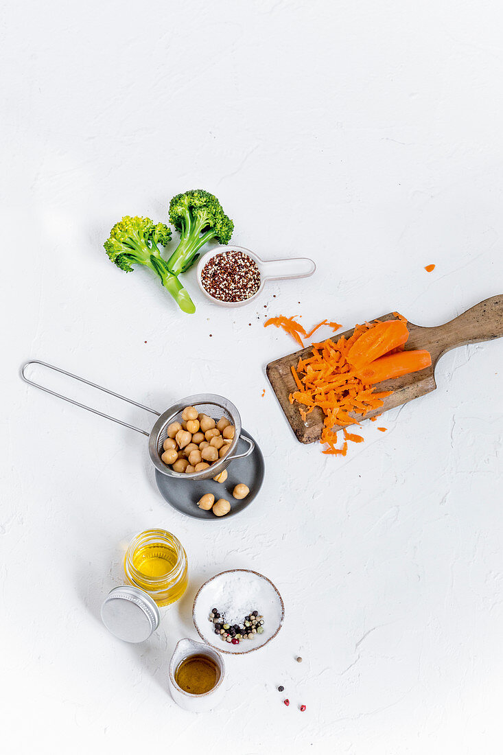 Ingredients for a broccoli salad with quinoa and chickpeas