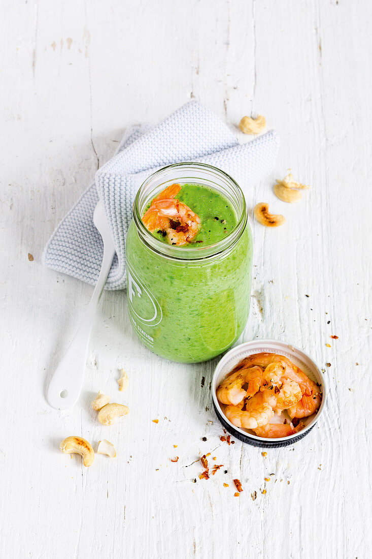 Pea and coconut soup with shrimp