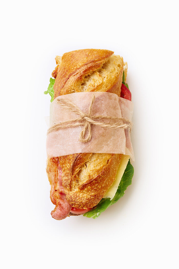 Fresh big baguette sandwich with bacon, chedder cheese, mustard, lettuce and vegetables