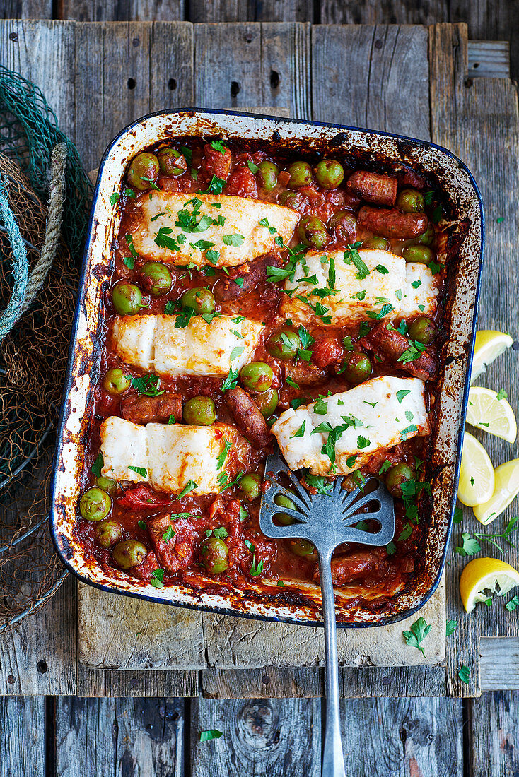 Spicy Merguez and cod tray roast