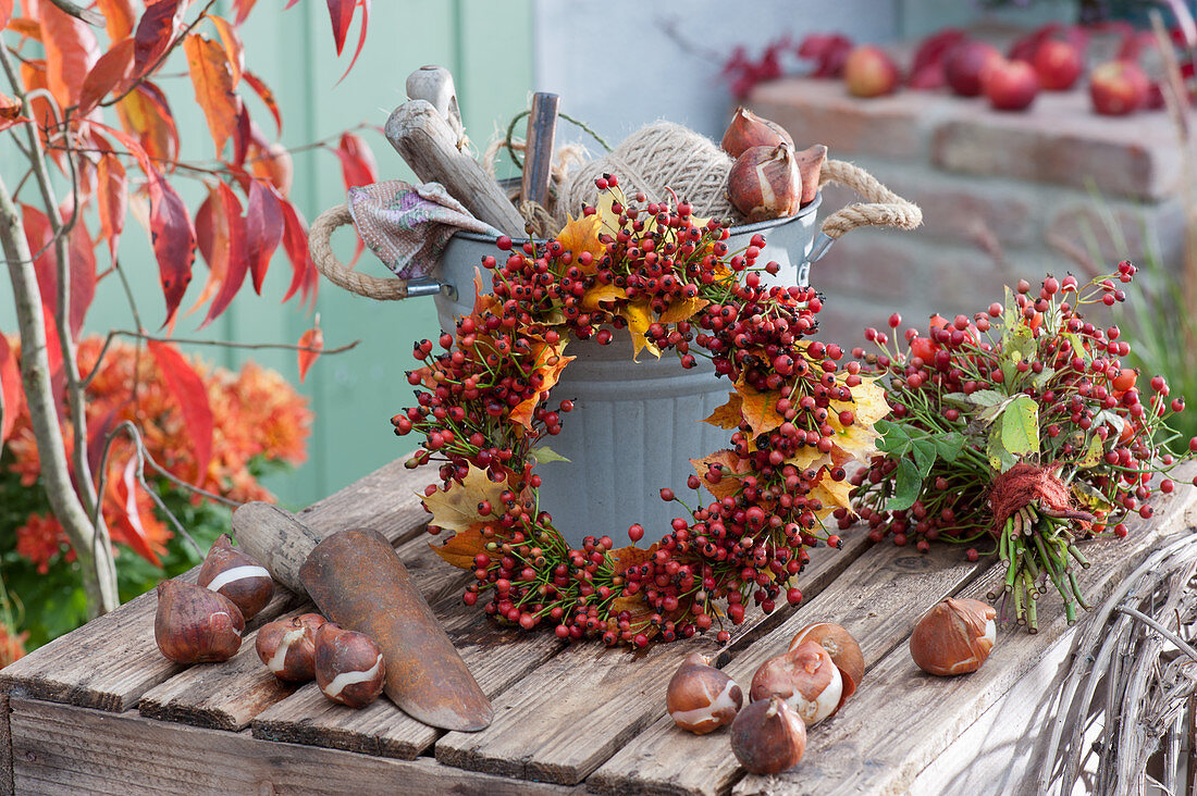 Wreath of rose hips and autumn leaves leaning against a bucket with utensils, rosehip bouquet, tulip bulbs, and planting trowel
