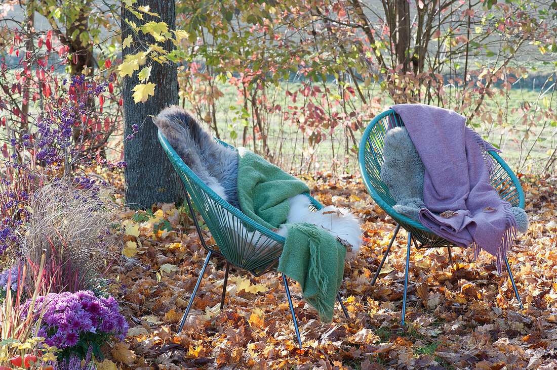 Acapulco armchair with blankets and fur in the autumn garden