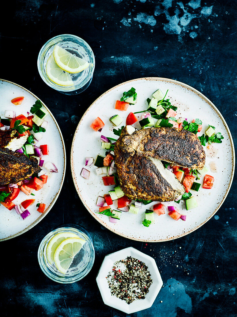 Butterflied ras el hanout chicken breast with chopped salad