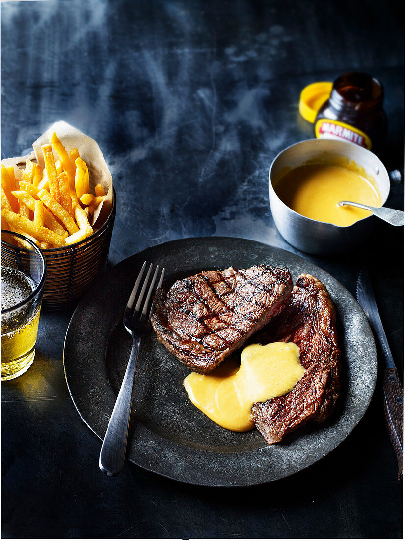 Steak with chips and sauce hollandaise