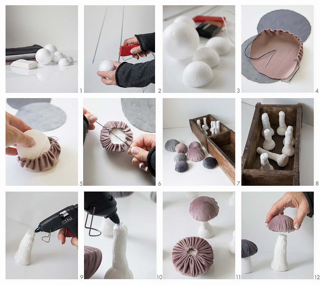 Instructions for making fabric mushrooms with velvet caps in wooden box