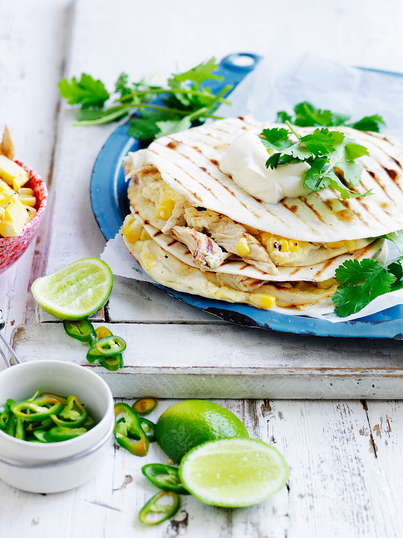 Chicken Quesadillas with Pickled Chillies