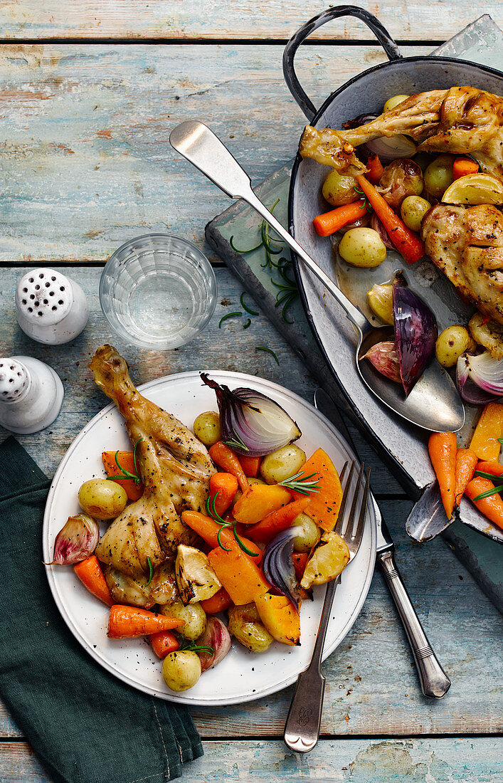 Roasted chicken pieces with root vegetable