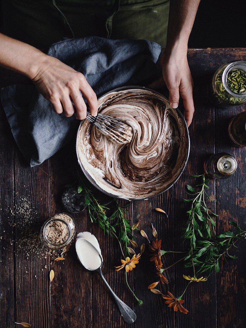 Preparing chocolate biscuit dough