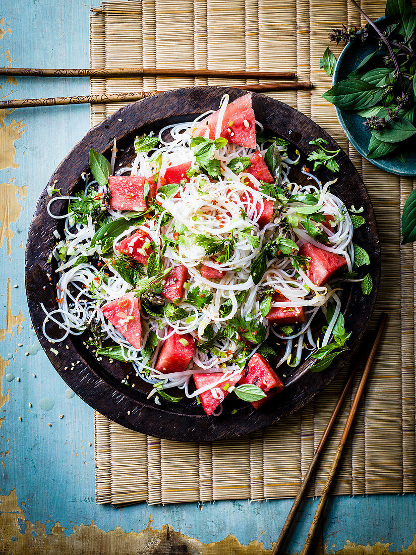 Watermelon and rice noodle salad