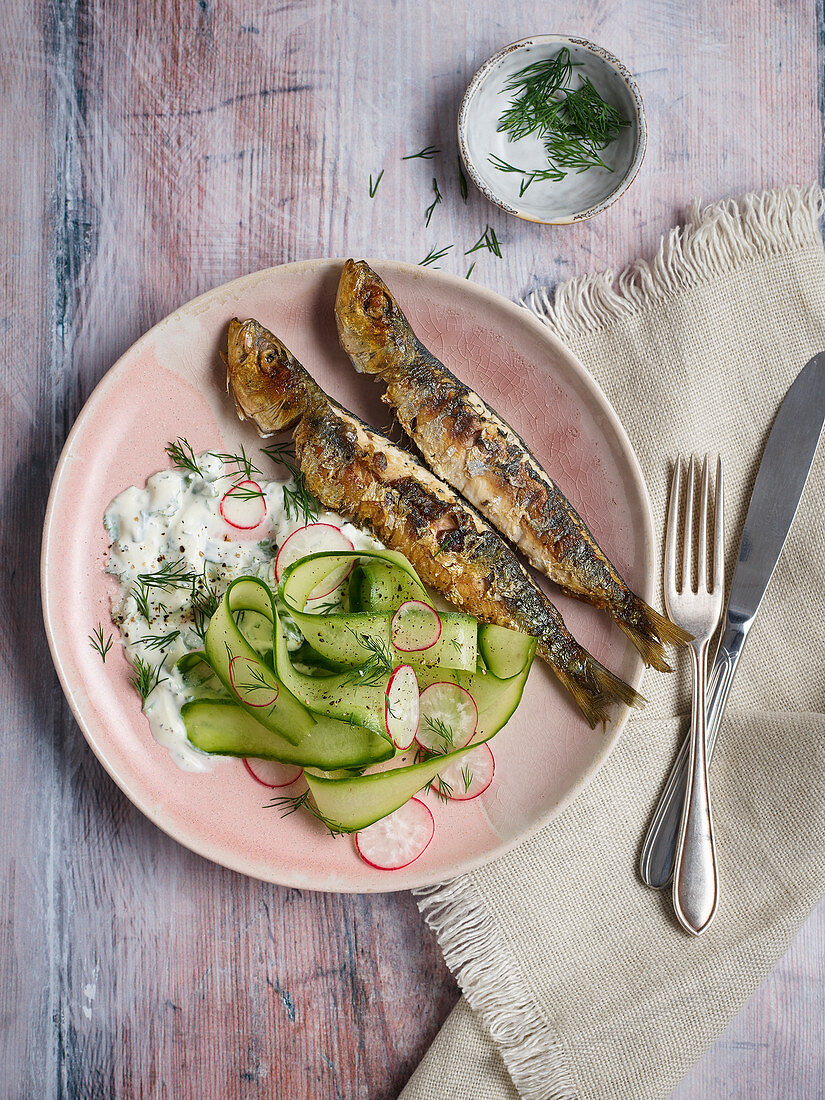 Grilled sardines with pickled cucumber