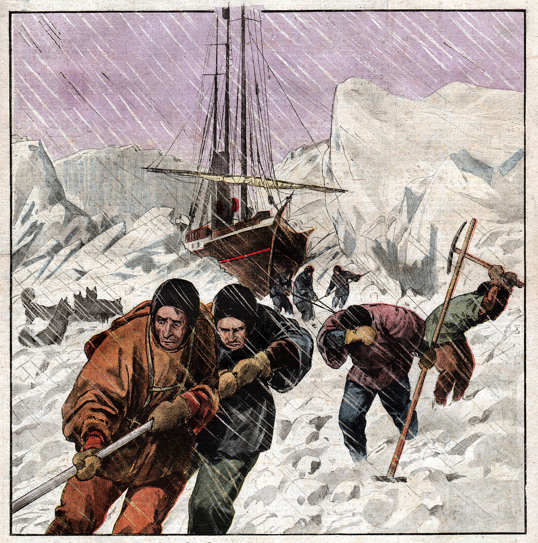Boat stuck in the ice, illustration