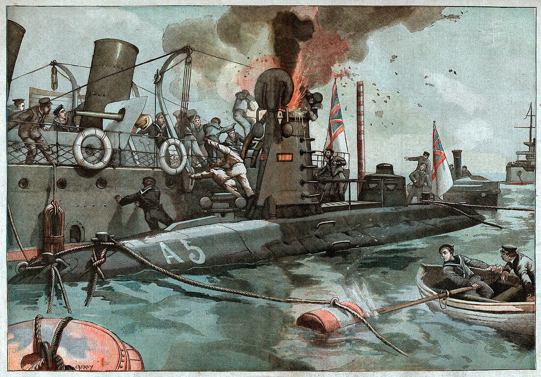 Explosion of a submarine, illustration