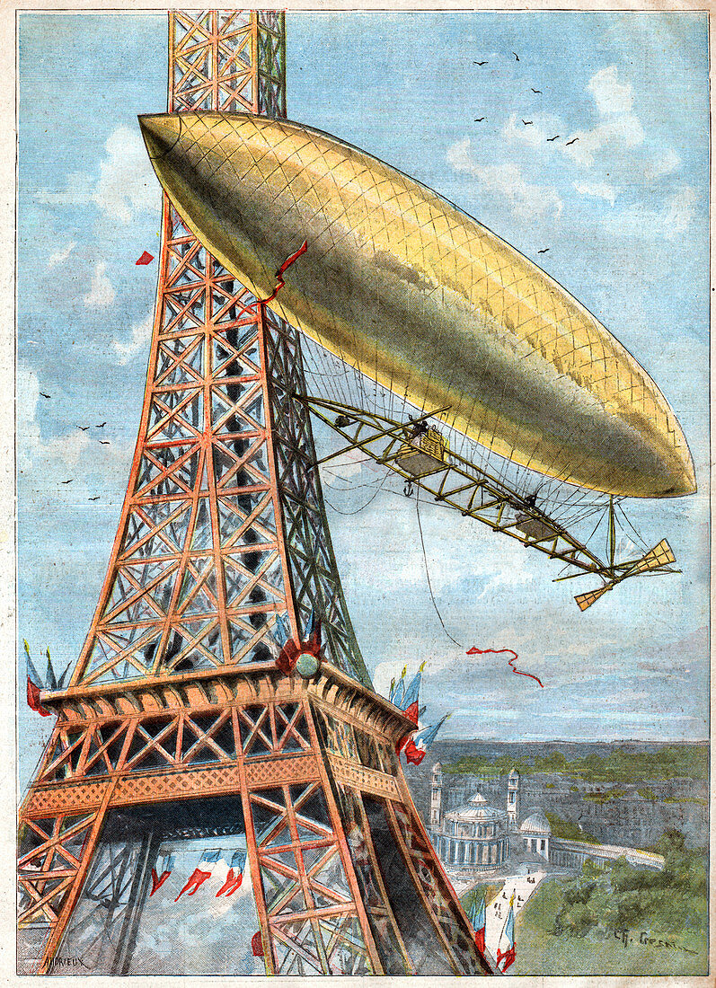 Airship hitting Eiffel tower, illustration