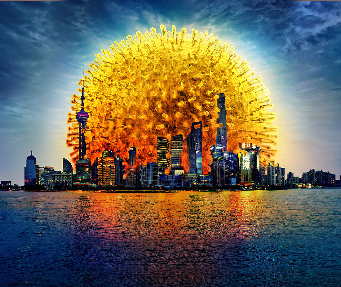 Coronavirus as sunset over a city, conceptual illustration