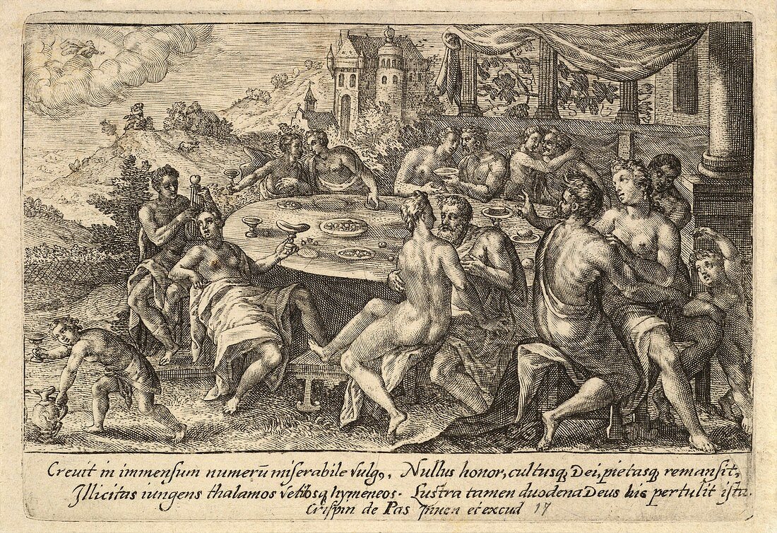 Scene before the biblical deluge, 17th-century illustration