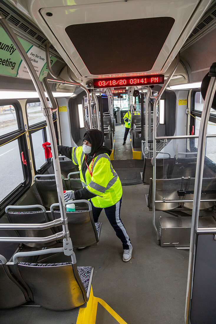 Bus cleaning during coronavirus outbreak, 2020