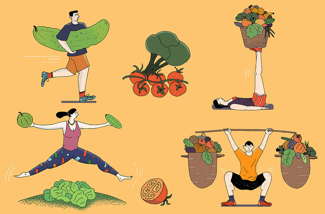 Exercise and healthy eating, illustration