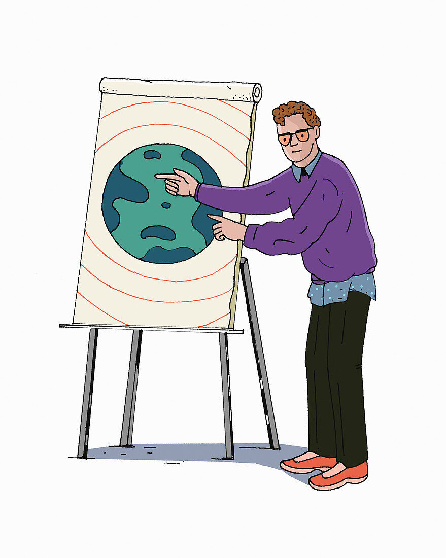Man pointing to planet earth on flipchart, illustration