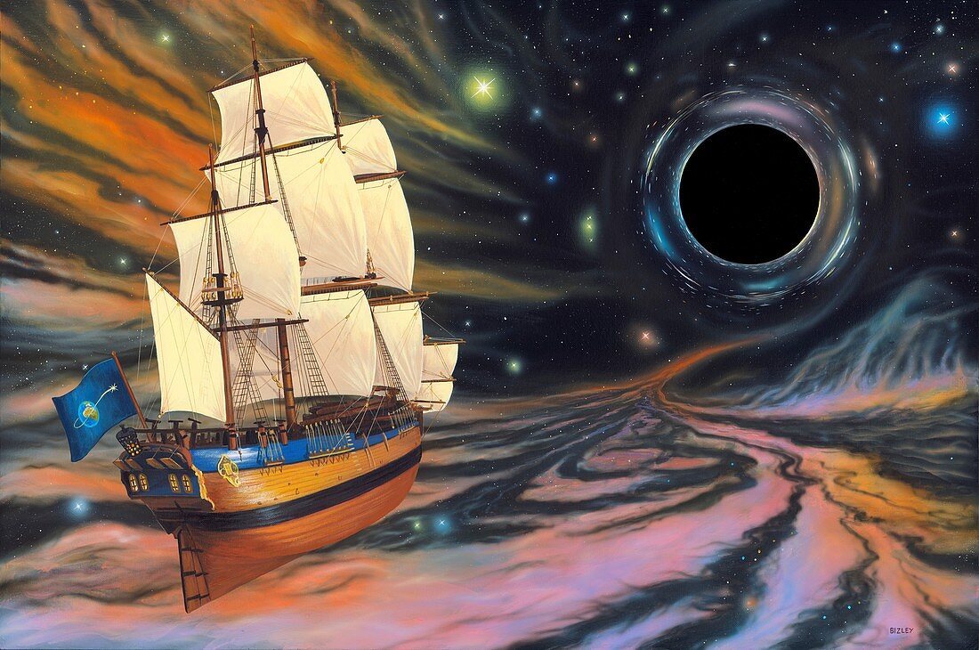 Galleon and black hole, conceptual illustration