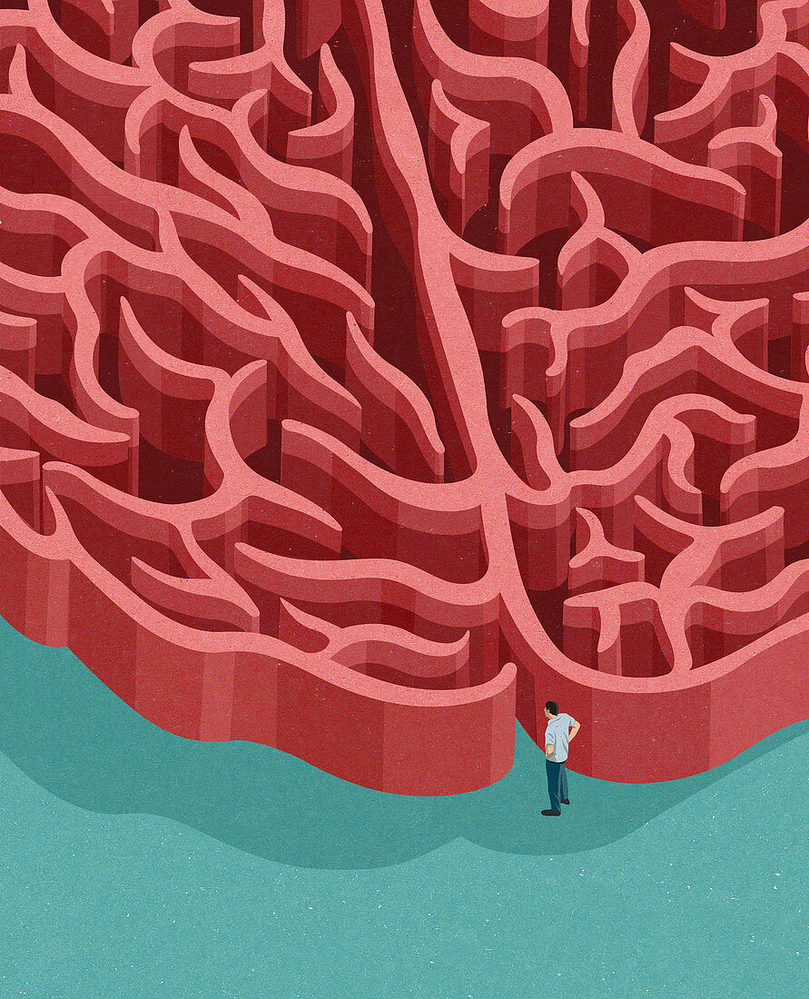 Man at entrance to brain maze, illustration