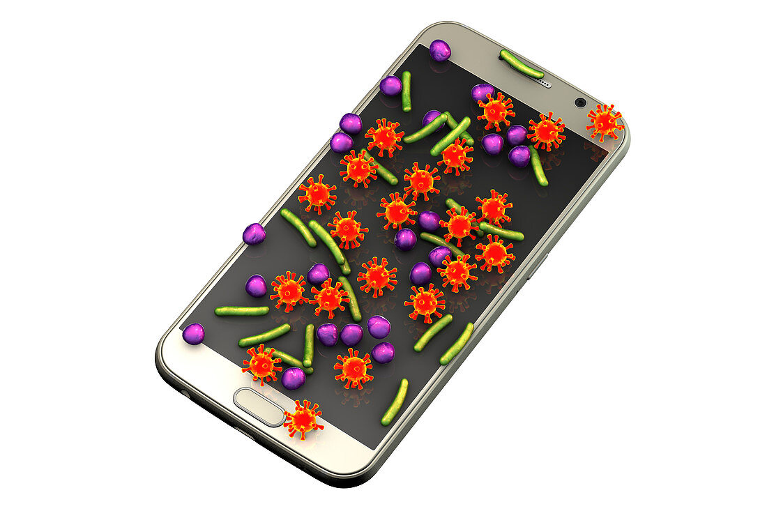 Microbes found on mobile phone, conceptual illustration