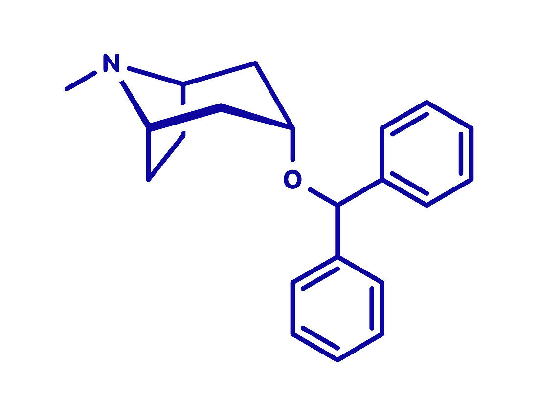 Benzatropine anticholinergic drug molecule, illustration