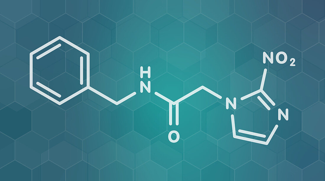 Benznidazole antiparasitic drug molecule, illustration