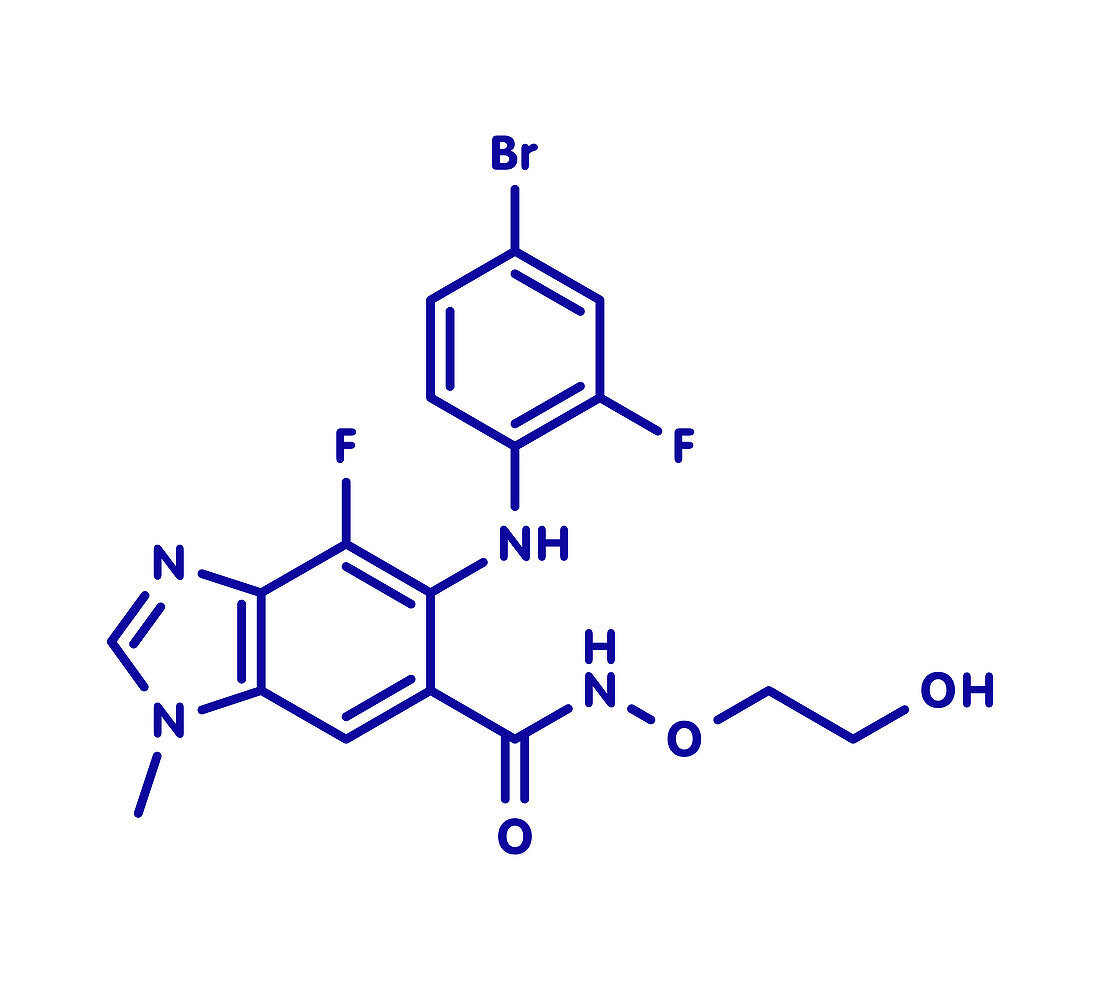 Binimetinib cancer drug molecule, illustration