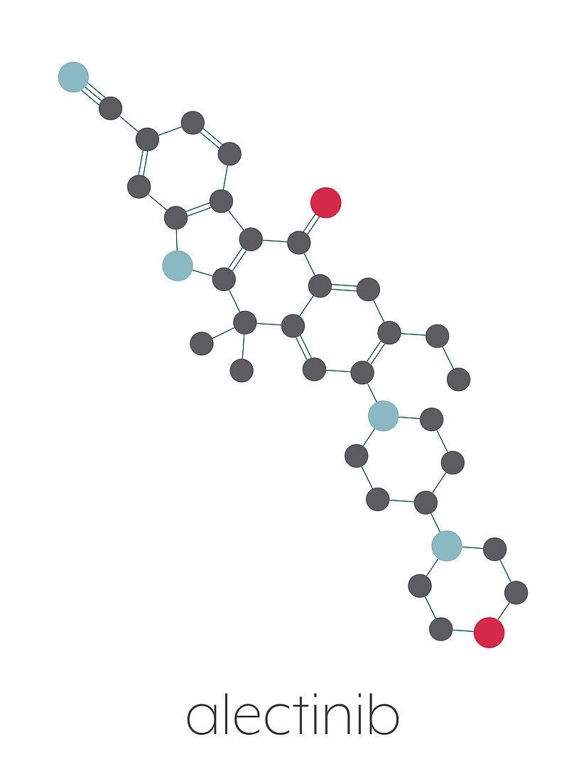 Alectinib cancer drug molecule, illustration