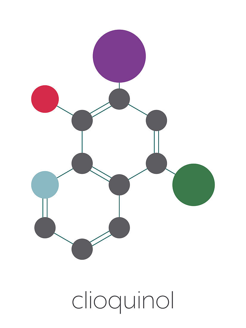 Clioquinol drug molecule, illustration