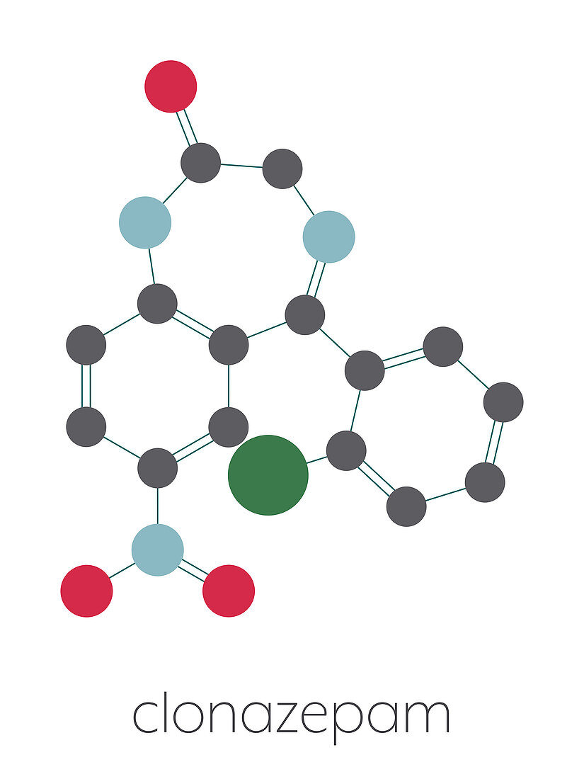 Clonazepam benzodiazepine drug molecule, illustration