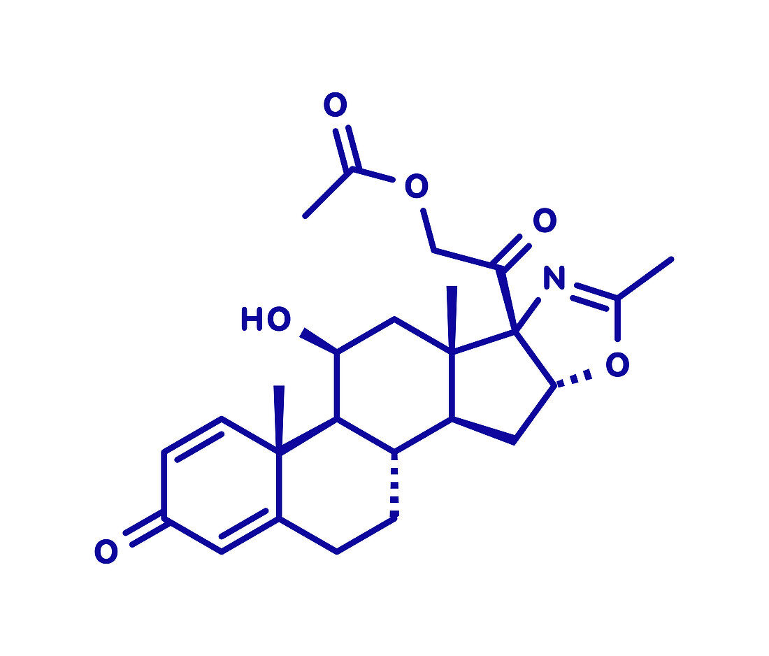 Deflazacort glucocorticoid drug molecule, illustration