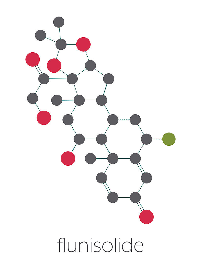 Flunisolide corticosteroid drug molecule, illustration