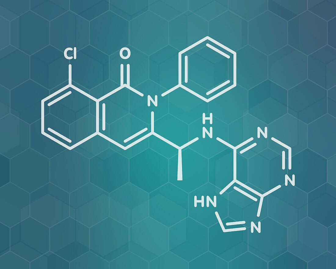 Duvelisib cancer drug molecule, illustration