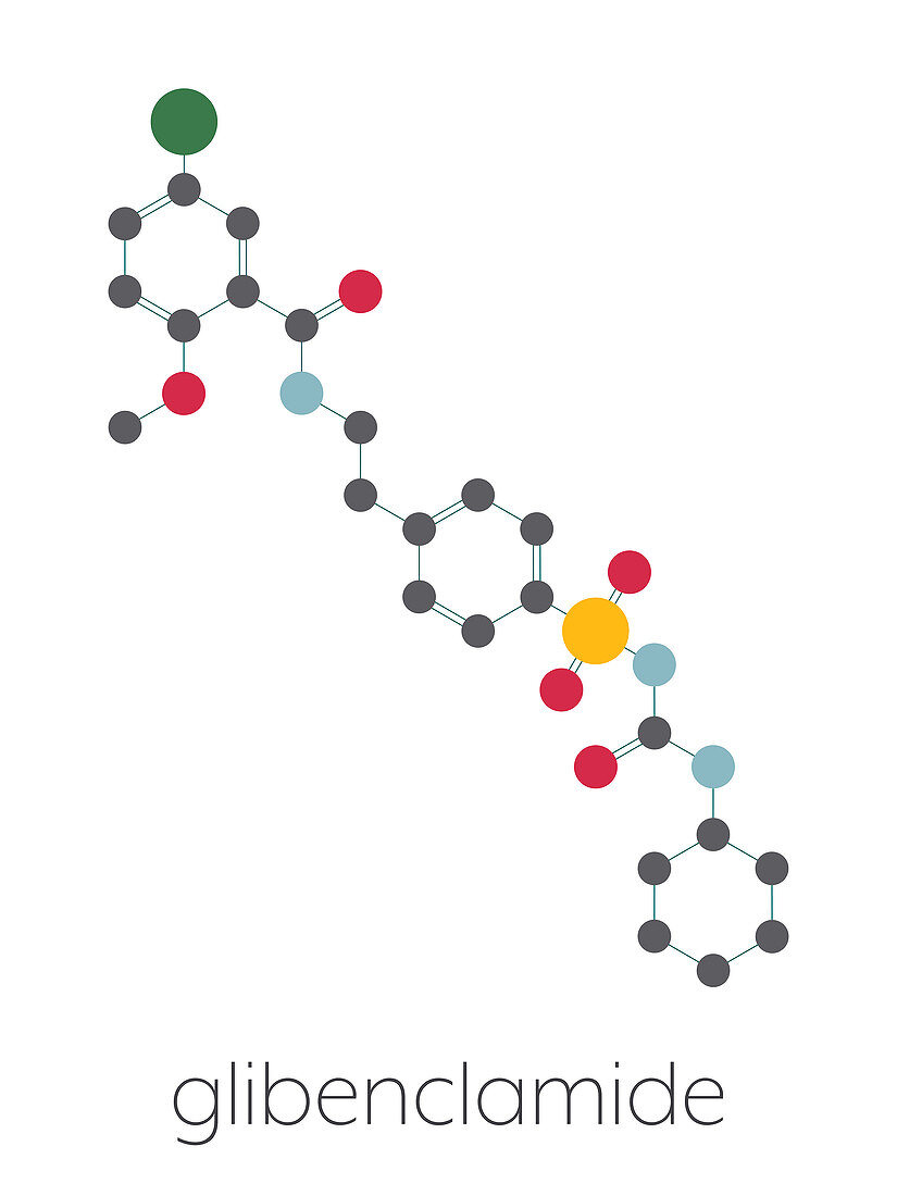 Glibenclamide diabetes drug molecule, illustration