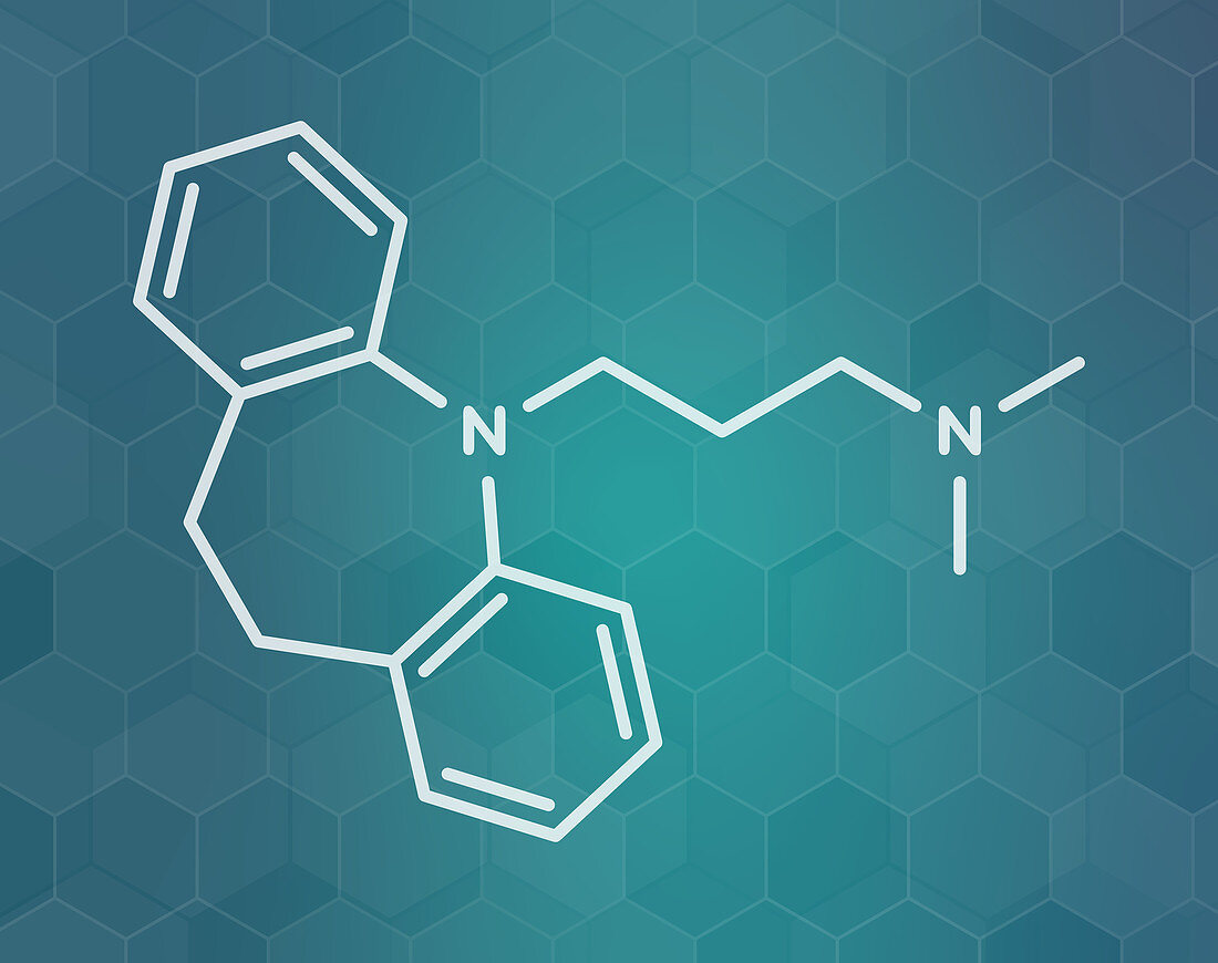Imipramine antidepressant drug molecule, illustration