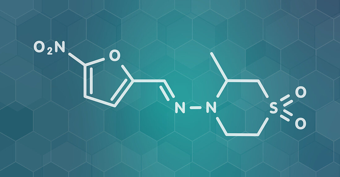 Nifurtimox antiparasitic drug molecule, illustration