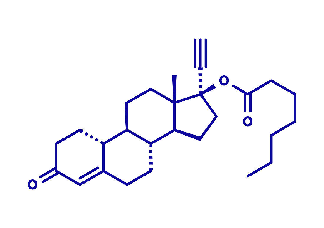 Norethisterone enanthate drug molecule, illustration