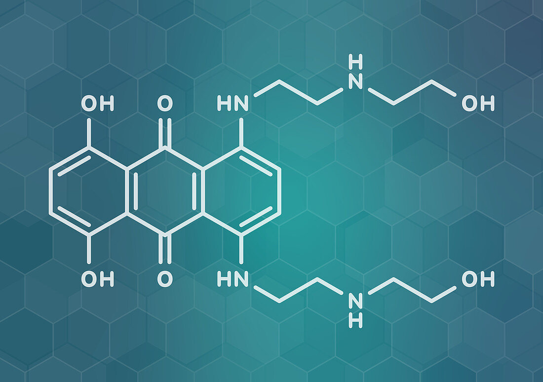 Mitoxantrone cancer drug molecule, illustration