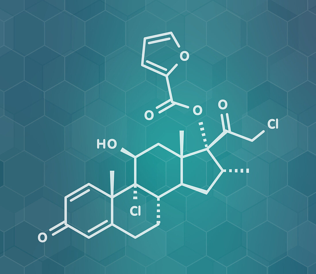 Mometasone furoate steroid drug molecule, illustration